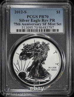 2012-S American Silver Eagle en épreuve inversée PCGS PR 70 SF Mint 75e anniversaire