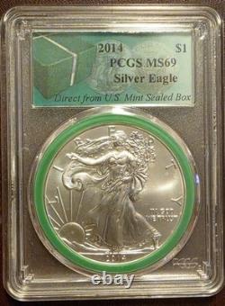 2014 Aigle Argenté Américain 1 $ PCGS MS69 Étiquette Verte Provenant d’une Boîte Scellée de la Monnaie Américaine