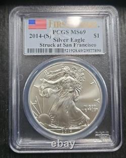 2014 Aigle d’argent Walking Liberty PCGS MS69 S1$ First Strike Drapeau des États-Unis