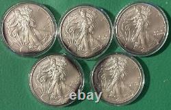 2014 Lot de 5 pièces d'argent d'une once Silver Eagle. Terni autour des bords avant et arrière. Voir la photo.