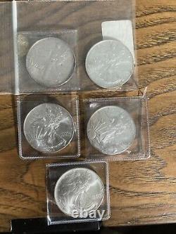 2015 (2) 1991,1995, 2019 5 Lot de pièces de monnaie American Silver Eagle $1 BU