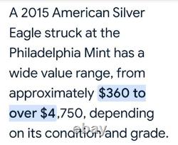 2015 (P) Aigle en Argent GEM frappé à Philadelphie 79,640 frappés Lire les infos dans les photos