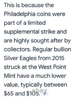 2015 (P) Aigle en Argent GEM frappé à Philadelphie 79,640 frappés Lire les infos dans les photos