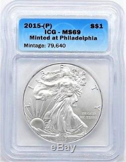 2015- (p) $ 1 Silver Eagle Ms69 Struck À Philadelphia 1 Sur 79 640 Icg Machés