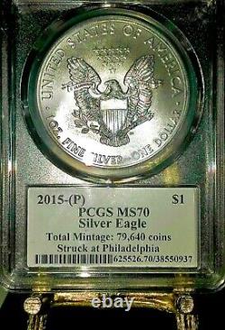 2015-(p) $1 Silver Eagle Pcgs Ms70 Mercanti Signé. Aigle Haché Le Plus Bas