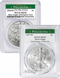 2015-p 2020-p Argent Eagles De Philadelphie Mint Étiquette Pcgs Ms70 Set Date Clé