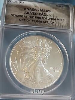 2015 (p) Aigle d'argent Anacs Ms69 Frappé à la Monnaie de Philadelphie Mintage 79,640