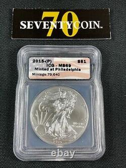 2015-(p) American Silver Eagle Icg Ms69 Menté À La Monnaie De Philadelphie