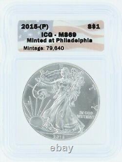 2015 (p) Silver Eagle Icg Ms69 S1 Drapeau Étiquette Mentionné À Philadelphie