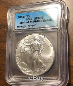 2015 (p) Silver Eagle Icg Ms69'struck À Philadelphie Mint ' Mintage 79640 Key