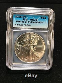 2015 (p) Silver Eagle Icg Ms70 S $ 1 Frappé À La Monnaie De Philadelphie 1 Sur Seulement 79 640