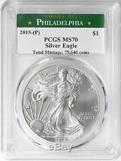 2015-p Silver Eagle Monnaie De Philadelphie Étiquette Pcgs Ms70 Cert 38550773