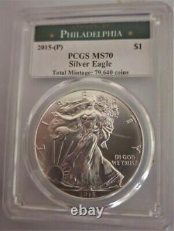 2015 (p) Silver Eagle Pcgs Ms70 Très Rare Seulement 79,640. Grosse Erreur À Wp Mint