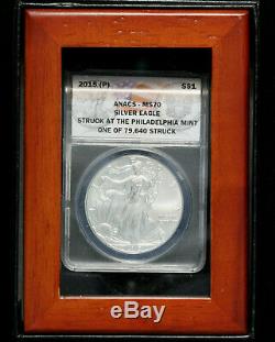 2015- (p) Us Silver Eagle 1 $ Anacs Ms70 1 De 79640 Struck À Philadelphie Mint