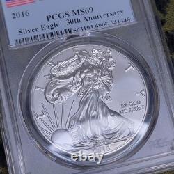 2016 - 1 Oz Argent Pur American Eagle MS69 PCGS Premier Coup - 30ème Anniversaire