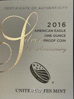 2016 ÉPREUVE American Silver Eagle-$1- Boîte et COA Monnaie US Bullion-En Excellent État