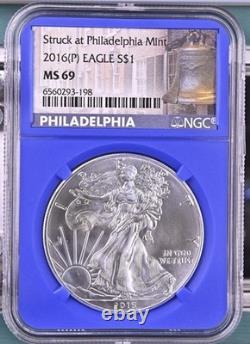2016 (P) 1 $ American Silver Eagle NGC MS69 frappé à la Monnaie de Philadelphie noyau bleu