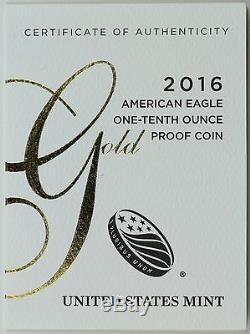 2016-w $ 5 American Eagle 1/10 Oz. Pièce D'or Avec Preuve Dans Un Étui Neuf Et Une Boîte Avec Certificat D'authenticité