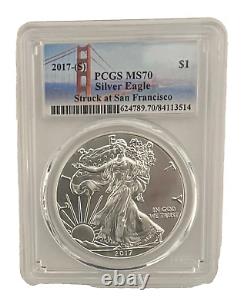2017 Aigle d'argent PCGS MS70 frappé à l'étiquette du pont de la Monnaie de San Francisco
