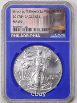 2017-(P) 1 oz d’argent American Eagle MS69 frappée à la Monnaie de Philadelphie, slab bleu NGC