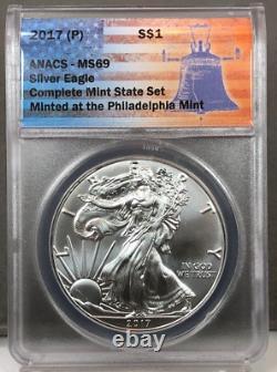 2017 P S W American Silver Eagle ANACS MS69 Ensemble de 3 Pièces en État de Frappe Étiquettes de Juillet