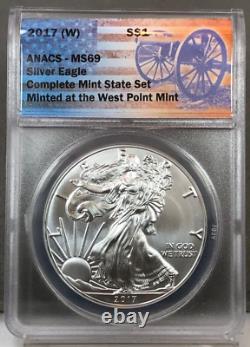 2017 P S W American Silver Eagle ANACS MS69 Ensemble de 3 Pièces en État de Frappe Étiquettes de Juillet