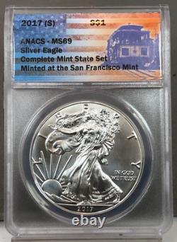 2017 P S W American Silver Eagle ANACS MS69 Ensemble de 3 Pièces en État de Frappe Étiquettes de Juillet