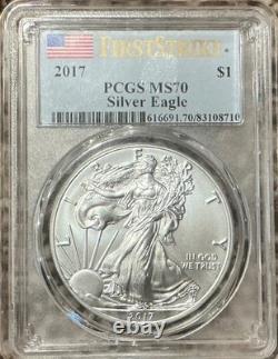 2017-p 1 $ Pièce d'Aigle en Argent Américain Premier Coup Pcgs Ms70 Étiquette Drapeau