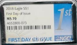 2018 $1 Aigle d’argent Premier jour d’émission NGC MS70 Rare Chrome Foil Core sans tache