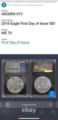 2018 $1 Aigle d’argent Premier jour d’émission NGC MS70 Rare Chrome Foil Core sans tache