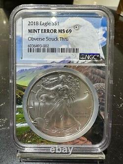 2018 $1 American Silver Eagle Mint Erreur Ngc Ms 69 Obverse Struck Thru