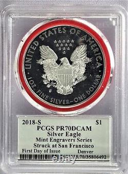 2018-s Mint Engranger Silver Eagle Pcgs Pr70dcam Fdoi John Mercanti Signé Denver