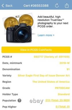 2019 W 1 $ Eagle d’argent FDOI Denver PCGS PR70DCAM Cleveland signé rare 1 sur 213