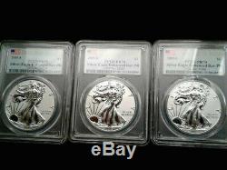 2019s American Eagle Argent Amélioré Rev Preuve Pr70 Fdoi Pcgs & Coa Lot De 3