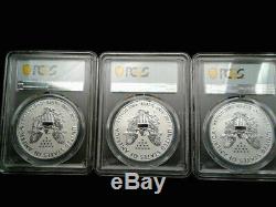 2019s American Eagle Argent Amélioré Rev Preuve Pr70 Fdoi Pcgs & Coa Lot De 3