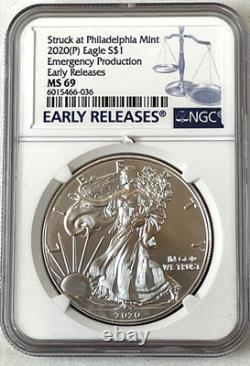 2020 Aigle américain en argent P, production d’urgence, NGC MS 69, premières émissions
