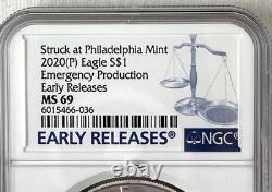 2020 Aigle américain en argent P, production d’urgence, NGC MS 69, premières émissions