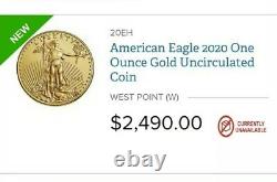 2020 American Gold Eagle Pièce Non Circulée! W Menthe, Seulement 7k Frappé. Pièce De Monnaie Au Mbac