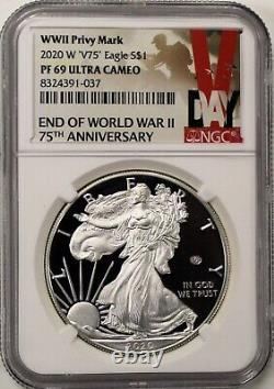 2020 W 1 $ Argent Aigle Fin de la Seconde Guerre mondiale V75 Privy NGC PF69 Ultra Cameo Étiquette Jour V 2020 W 1 $ Argent Aigle Fin de la Seconde Guerre mondiale V75 Privy NGC PF69 Ultra Cameo Étiquette Jour V