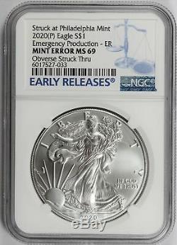 2020 (p) 1 Argent American Eagle Mint $ Erreur Frappé Thru Ngc Ms69-philadelphie