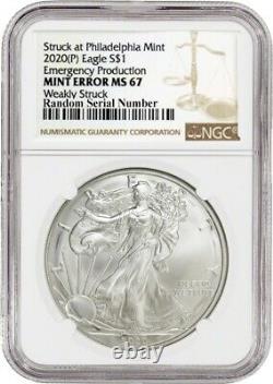 2020 (p) $1 Silver American Eagle Mint Error Faiblement Struck Ngc Ms67 Emergency Pr