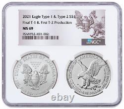 2021 1 $ Silver Eagle 1 Oz Final T1 Première Production T2 Ngc Ms69 2-coin Holder Set