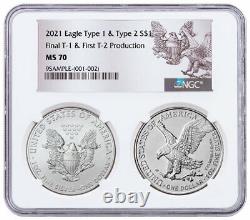 2021 Silver Eagle Final T1 Première Production T2 Ngc Ms70 2-coin Holder