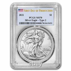 2021 Silver Eagle Ms-70 Pcgs (type 2, Premier Jour De Production)