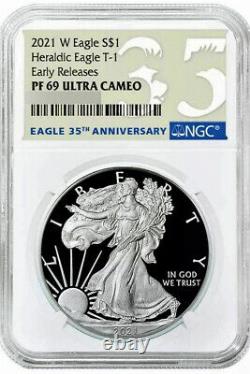 2021 W $1 American Silver Eagle Proof Ngc Pf69 Er L'année Dernière De L'aigle Héraldique T1