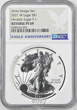 2021 W REVERSE PROOF SILVER EAGLE NGC PF69 T1 Une pièce du jeu de designer