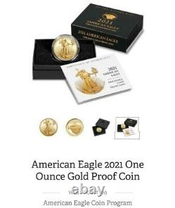 2021-w 1 Oz American Eagle Gold Proof Coin (21ebn)type 2 Menthe Boîte Fermée