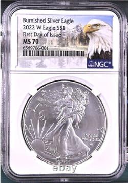 2022 W Aigle Argenté Brûlé, Ngc Ms70 Premier Jour D'émission, Étiquette Mtn, En Main