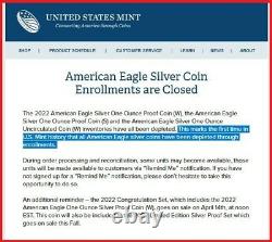 2022 W Eagle Silver Proof, Ngc Pf70uc Premier Jour D'élimination, Étiquette Du 1er Jour, En Paye