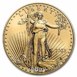 2023 1 oz American Gold Eagle $50 Coin BU
Pièce de 1 oz d'Aigle d'or américain de 2023 avec une valeur faciale de 50 dollars en état non circulé.